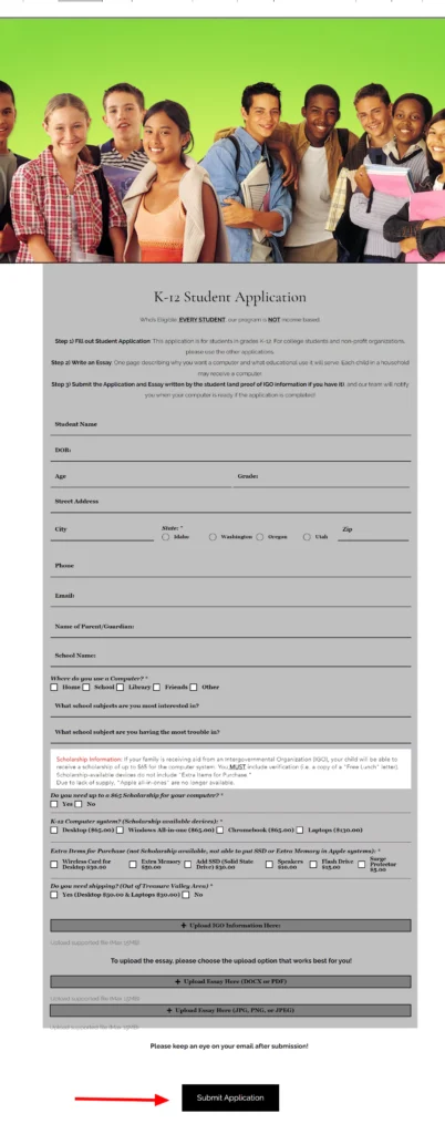 free laptop application form from Computers for Kids